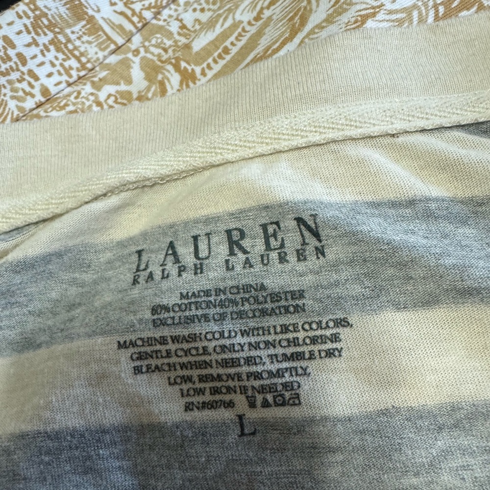 Lauren Ralph Lauren striped v-neck sleepshirt in grey and cream. Sz L - Picture 5 of 5